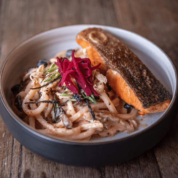 Creamy Mentaiko Udon with Grilled Salmon 